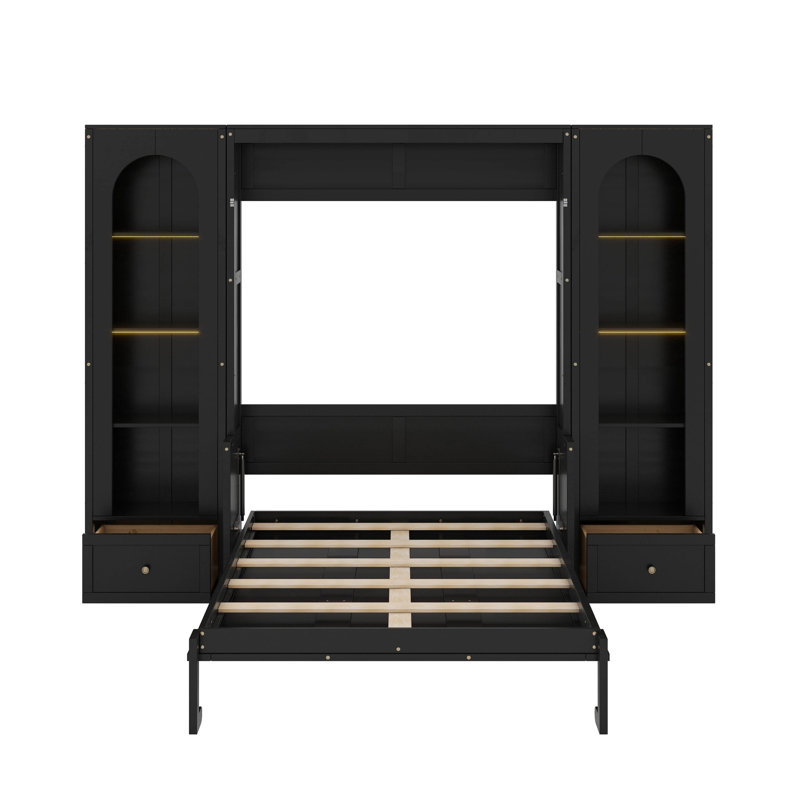 Grand lit plateforme escamotable avec tablette, armoires latérales, DEL et tiroirs, Noir