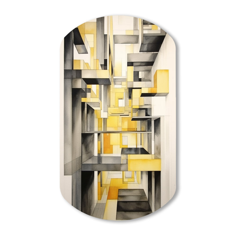 «Yellow and Gray Intersecting Realities II», formes abstraites, décoration murale cylindrique en métal, reproduction d'art asymétrique jaune