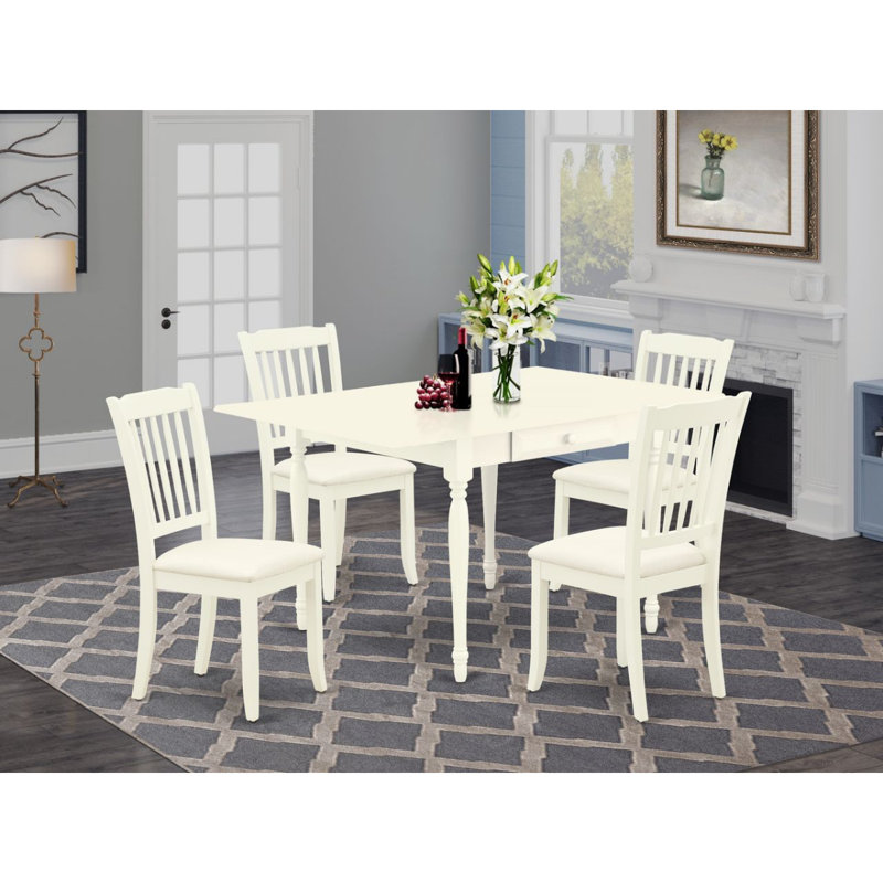 Ensemble de table de salle à manger 5 pièces comprenant une table de cuisine rectangulaire avec Dropleaf et 4 chaises en lin, blanc lin