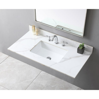 Plateau de meuble-lavabo contemporain en pierre frittée 43 x 22 pouces avec 3 trous de robinet et lavabo en céramique de couleur magenta 43 x 22