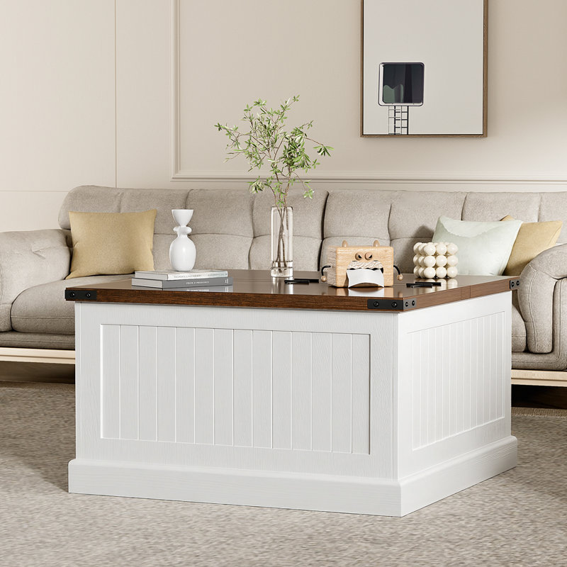 Farmhouse Coffee Table With Storage, Square Wood Coffee Tables For Living Room, Large Center Table With Flip-Top Lid, 31.5 Inch (White)