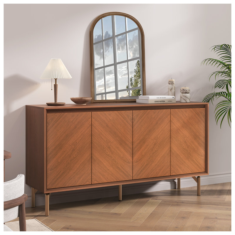 Armoire de rangement, buffet de 59 po avec 4 portes, armoire d'appoint en bois de style Mid-Century moderne, crédence à chevrons pour salle à manger, salon, entrée, brun