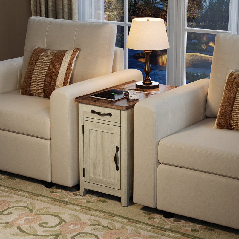 Aneshia End Table with Storage and Charging Station, Brown Top/Light Grey Base