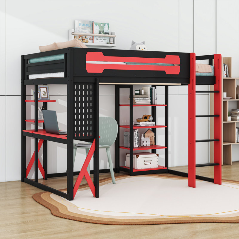 Wood Loft Bed with Desk, Shelves, Power Outlet and RGB Light, Black/Red