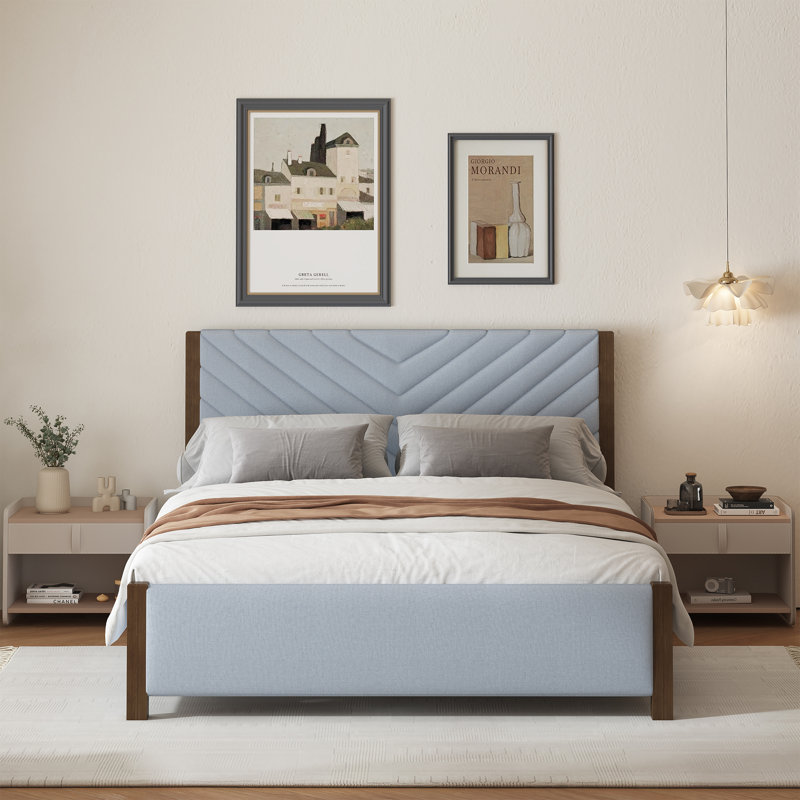 Structure de lit tapissier moderne Mid-Century avec tête de lit capitonnée et pieds en bois massif, Gris