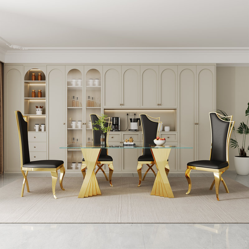 Ensemble repas, Doré, 5 pièces: table, 4 chaises, Noir et or