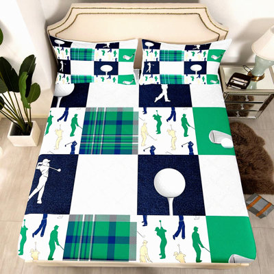 Sports Lover Golf Grid Fitted Sheet Set - Full Size Bedding with Deep Pocket, Soft Fabric, Buffalo Geometric Design, 2 Pillowcases