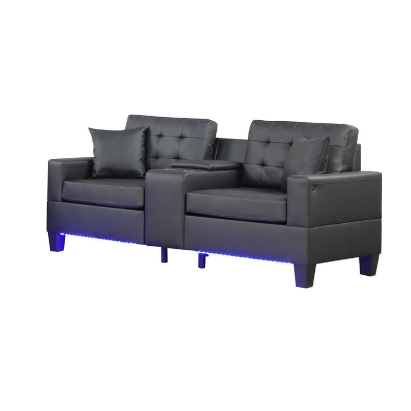 Canapé Iris avec DEL, ports USB, porte-gobelets, similicuir noir 85 po