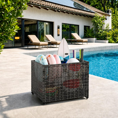Pool Float Storage Organizer with Wheels, Large Outdoor Mesh Rolling Cart for Pool Noodles, Toys, Floats, Equipment, Heavy-Duty Pool Storage Bin with Locking Casters