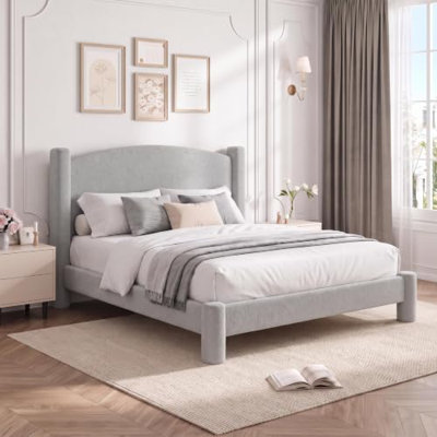 Cloud Boucle Upholstered Platform Bed Frame with Round Headboard - Cylindrical Legs - Heavy-Duty Noise-Free Wood Slats, No Box Spring Needed - Full, Gray