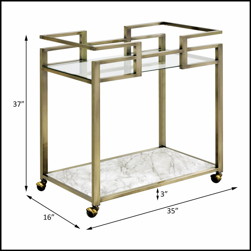 Neilo Clear Glass, Faux Marble Top & Wire Brass Finish Serving Cart With Two-Tier Storage And Modern Elegance