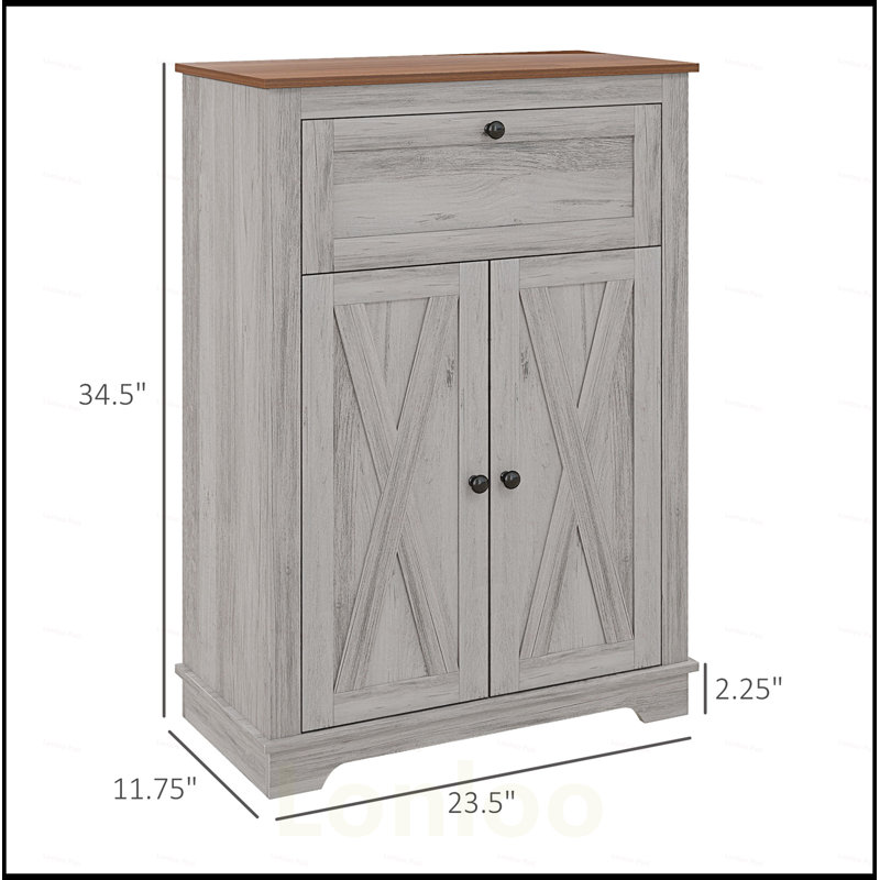 Farmhouse Barn Door Accent Cabinet with Adjustable Shelf and Drawer for Versatile Storage and Stylish Home Decor, Light Grey