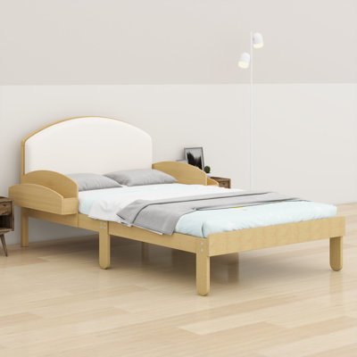 Bed frame with curved padded headboard and side storage shelves for modern bedrooms