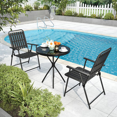 3-Piece Patio Dining Furniture Set With Round Tempered Glass Table, 2 Foldable Chairs by Wrought Studio