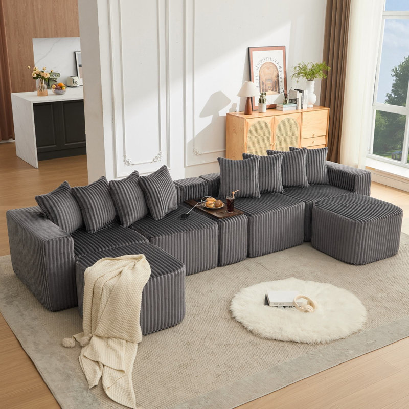137.5" Modular Corduroy U Shaped Sofa, Dark Gray Corduroy