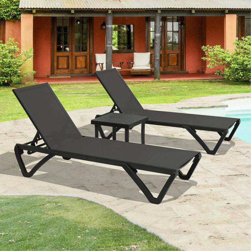 Pool Lounge Chairs Set Of 2, Aluminum Adjustable Outdoor Chaise Lounge With Wheels, All Weather Poolside Chairs For Deck Lawn Patio Backyard, Textilene