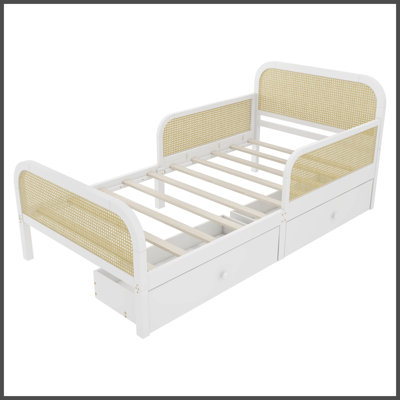 Lit plateforme simple en rotin avec tiroirs de rangement, tête de lit - blanc