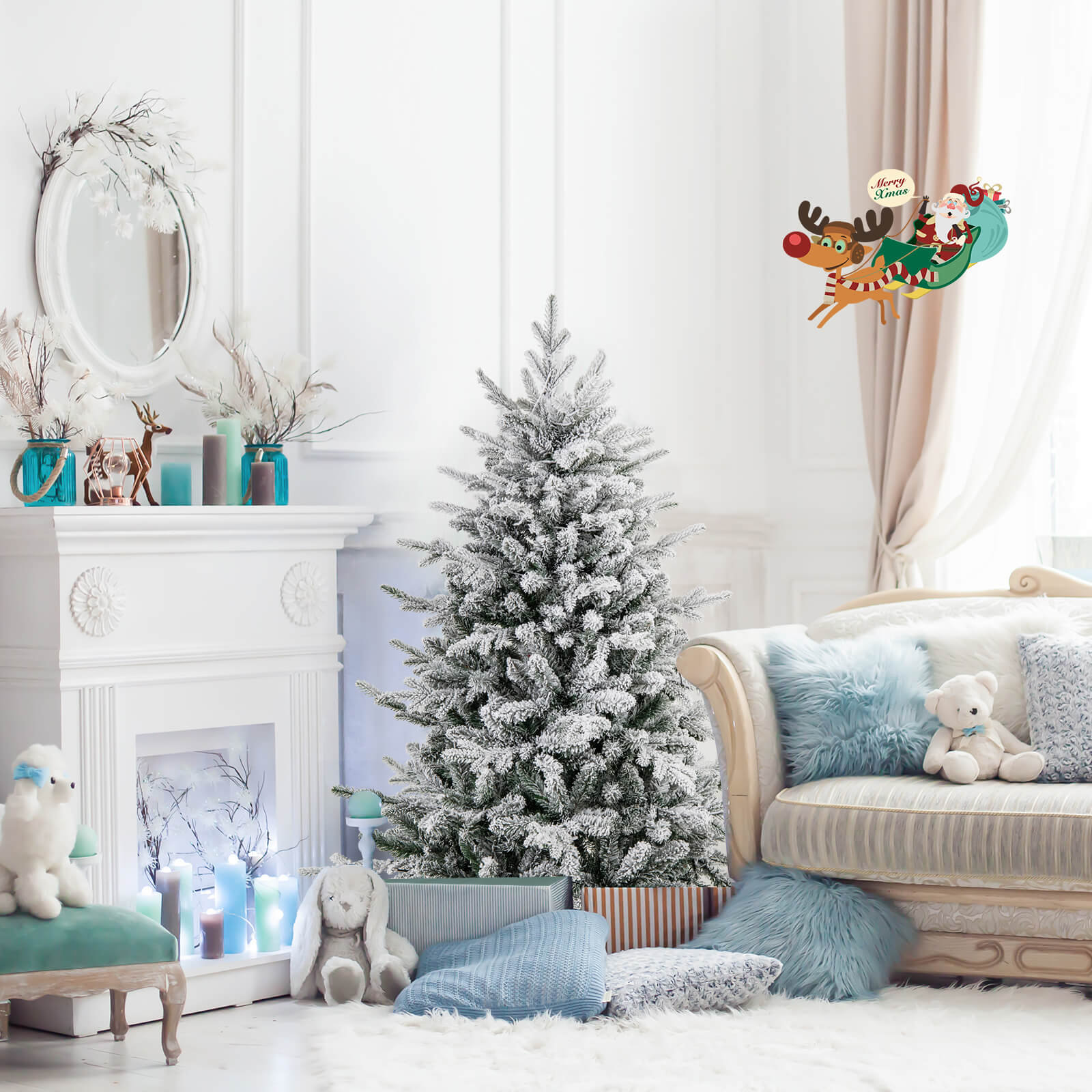 Costway Flocked Christmas Tree With 8 Lighting Modes 350 Multi-color Led Lights, 4.5'