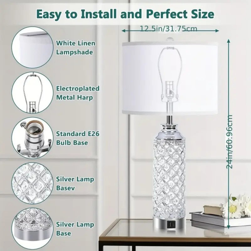 2-Pack Modern LED Table Lamps With USB Charging Ports, 24 Inch Silver Crystal Bedside Lamps