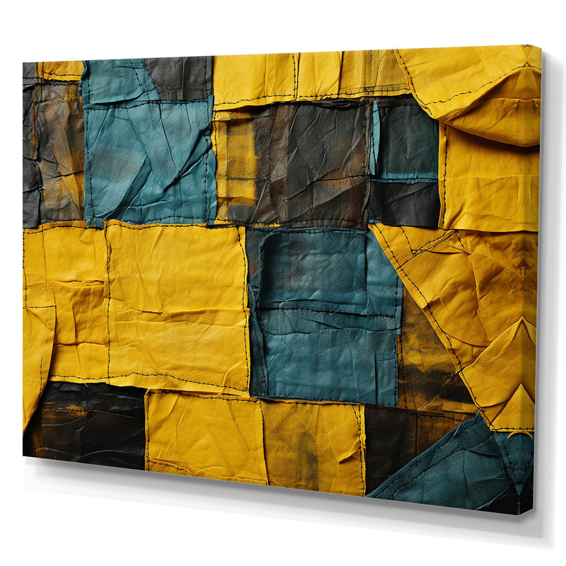 Cube abstrait jaune et vert - Collages abstraits, art mural, Toile tendue, H 40 po x l 60 po x P 1,5 po