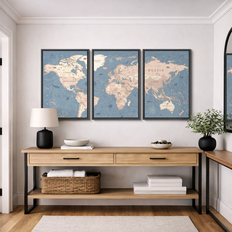Carte du monde «Blue Global Antique Atlas, H 36 po x l 72 po, Reproduction avec cadre flottant, Noir