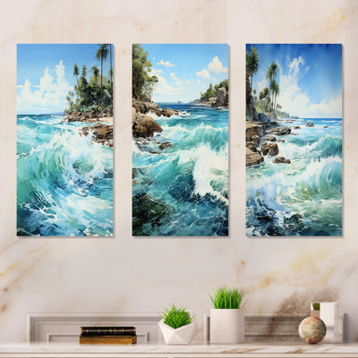 Azure Seascape Palms Horizon - Coastal Metal Wall Art Prints Set Of 3