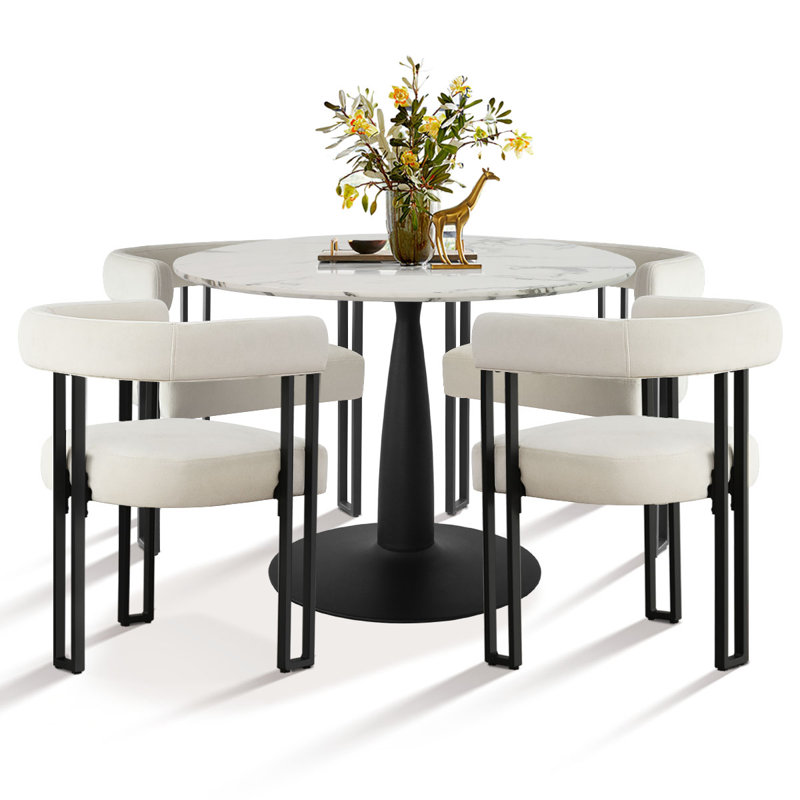 4-Person 40" Round Dining Set with Velvet Chairs, Beige
