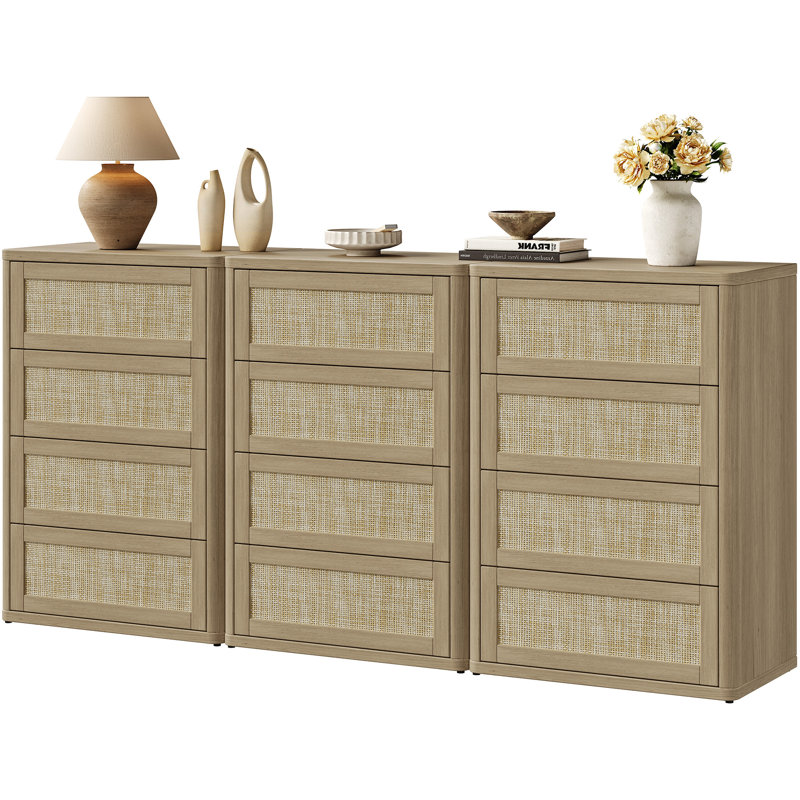 Consiglia Boho-Rattan 4-Drawer Dresser, 40.5" Tall Bedroom Storage Chest for Small Spaces, Amber Oak