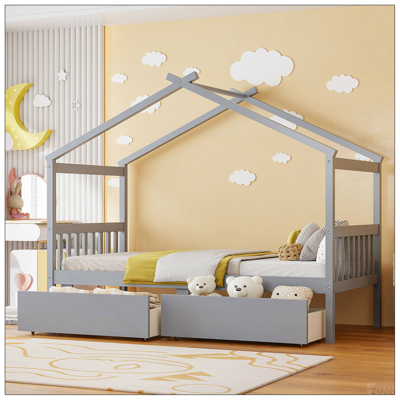 Lit simple en bois avec tiroirs, gris, Grey