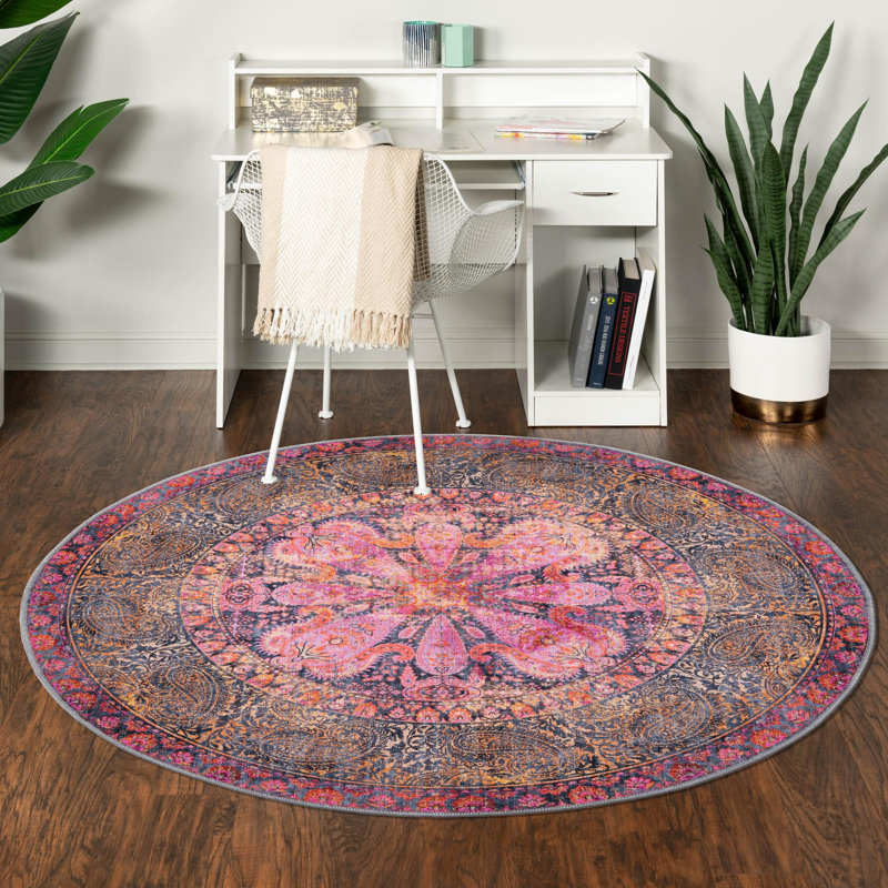 Tapis oriental rose / brun Guth, Rond 7 pi 3 po x 7 pi 3 po