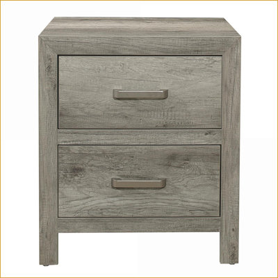 Table de chevet transitionnelle grise à 2 tiroirs avec quincaillerie nickel