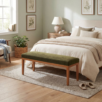 Banc de chambre rembourré vert 53 po, base de lit en bois avec siège en tissu pour la chambre à coucher, tabouret de siège de lit