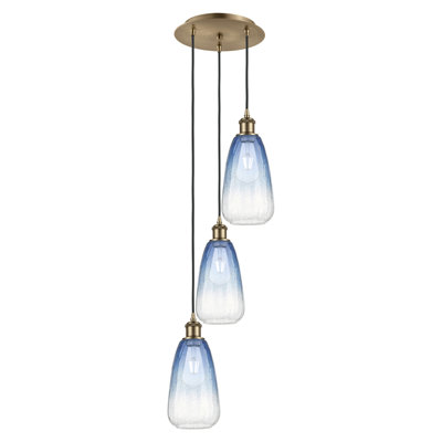 Ballston - Brookhaven Almond - 3 Light 13" Cord Hung Multi Pendant - Antique Brass Finish - Sapphire Blue Shade
