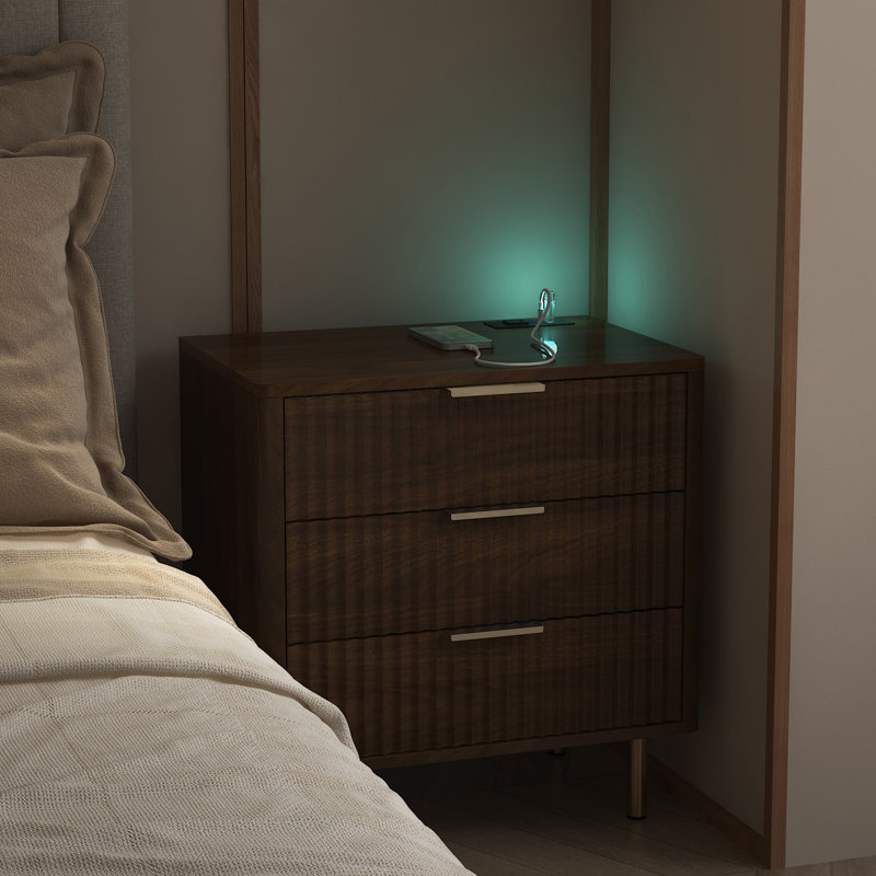 Nightstand With Charging Station, Smart Nightstand With Night Light, Modern Night Stand With Storage Cabinet For Bedroom, Wood