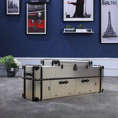 Large Storage Cabinet With Rivet Decor Solid Wood Accent Trunk