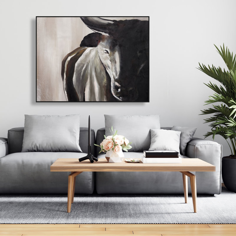 Bull Head Front View - Office Beige Framed Canvas Decor