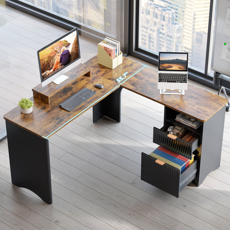 Derick 55.7'' W L-Shaped Computer Desk with File Drawer and Drawer Pedestal, Rust/Black