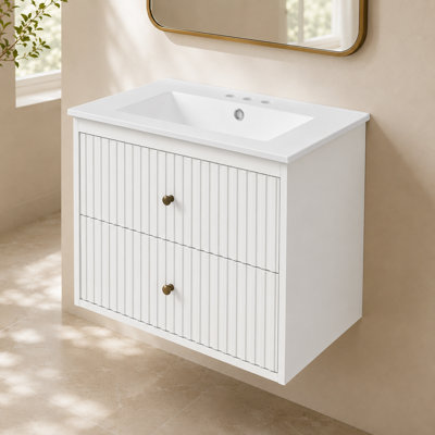 White Wall-Mounted Bathroom Vanity, Ceramic Integrated Sink, 2 Drawers, Antique Brass Handles, Compact