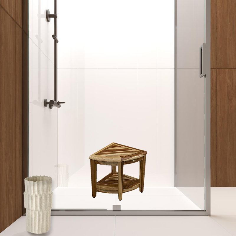 Ripley 22" Compact Teak Wide Corner Shower Outdoor Bench With Shelf In Natural Finish