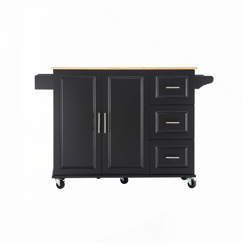 Kitehcn Island with Extensible Rubber Wood Table Top,adjustable Shelf Inside Cabinet for Different Utensils, Black