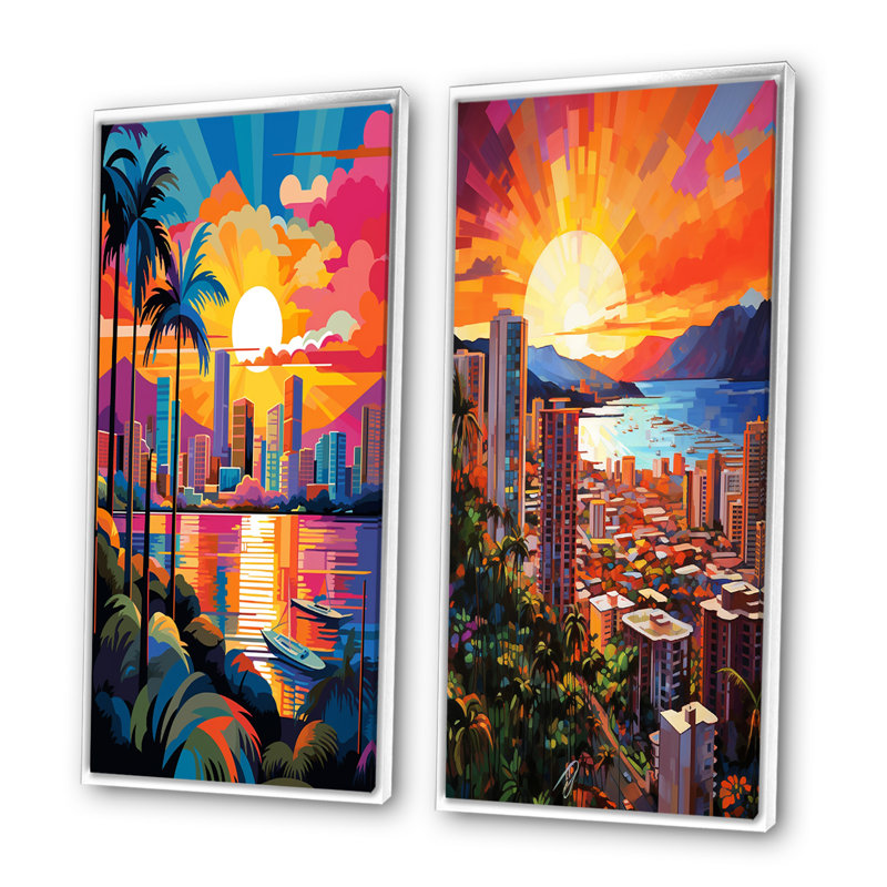 «City Maui Popart», 2 pièces sur toile, Cadre blanc, H 20 po x l 24 po