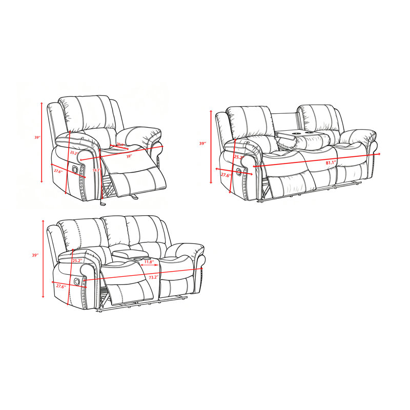 Ensemble de salon inclinable 3 pièces: chaise, 2 places et 3 places avec console, table rabattable et porte-gobelets, Noir
