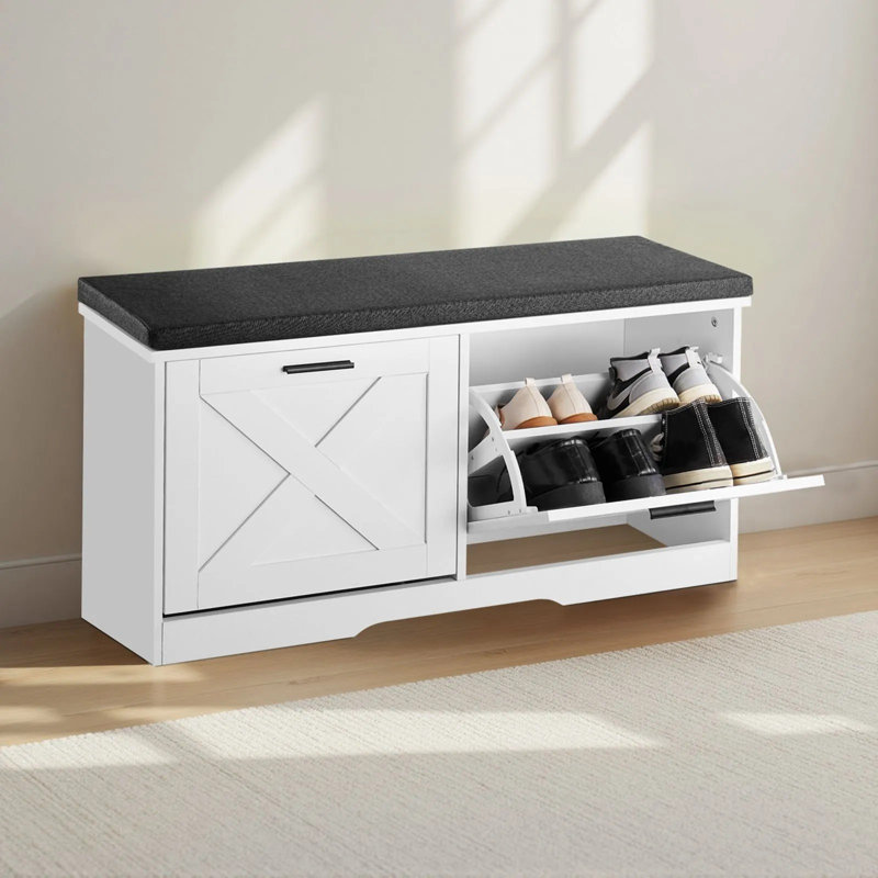 Banc de rangement pour chaussures d'entrée, 100 x 30,5 x 47,5 cm, organisateur de chaussures avec tiroirs rabattables, supportant jusqu'à 200 kg, banc étroit avec coussin et portes rabattables, pour couloir, salon, chambre, noir et blanc