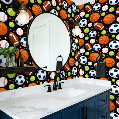 Peel and Stick Wallpaper different sport balls flat technique Wall Mural 17.7"W x 118"H Self Adhesive Removable Wall Paper Renter Friendly Wallpaper for Nursery Bedroom Cabinets
