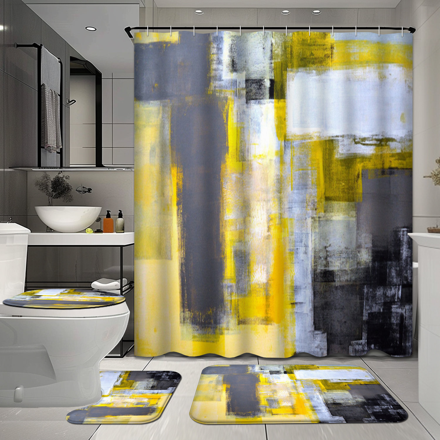East Urban Home Grey and Yellow Shower Curtain Set with Hooks Included ...