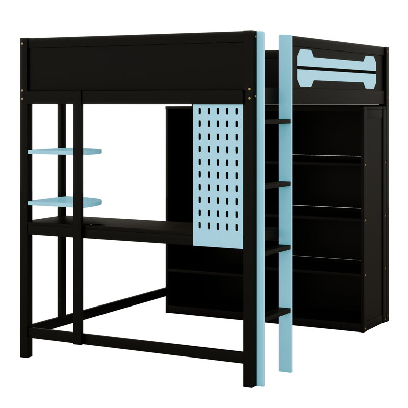 Modern Loft Bed with Integrated Desk and Open Wardrobe Storage, Blue