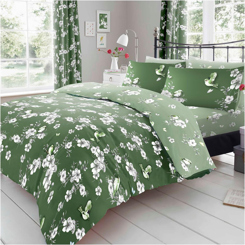Birdie Blossom Duvet Cover and Pillowcases Set, Polycotton, Machine Washable, Soft Yarn Bedding, Super King, Green