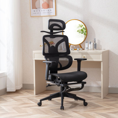 Swivel Ergonomic High Back Mesh Office Chair with Retractable Footrest, Adjustable Backrest, Tilt Function, 3D Armrests & Headrest, Lumbar Support