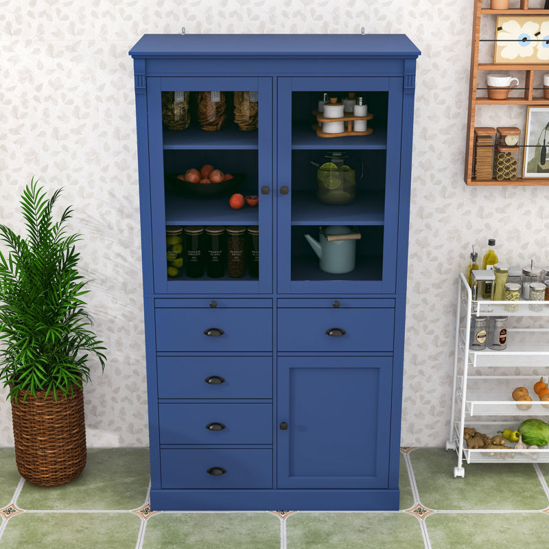 Élégant garde-manger avec portes en verre trempé, tablettes réglables, Blue
