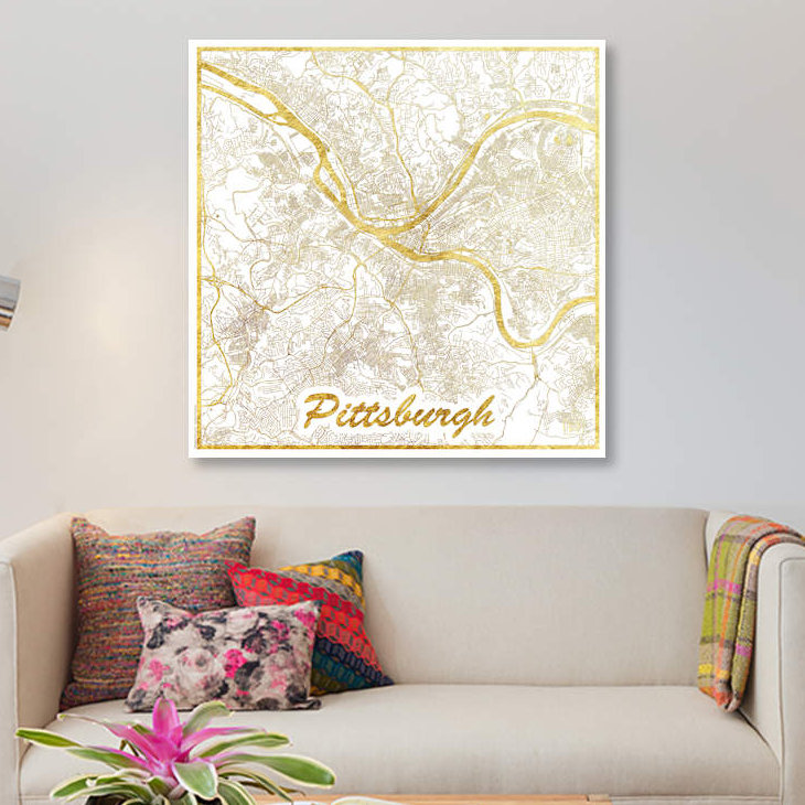 « pittsburgh gold feuille urban blueprint map », reproduction d’impression sur toile, H 26 po x l 26 po x P 1,5 po